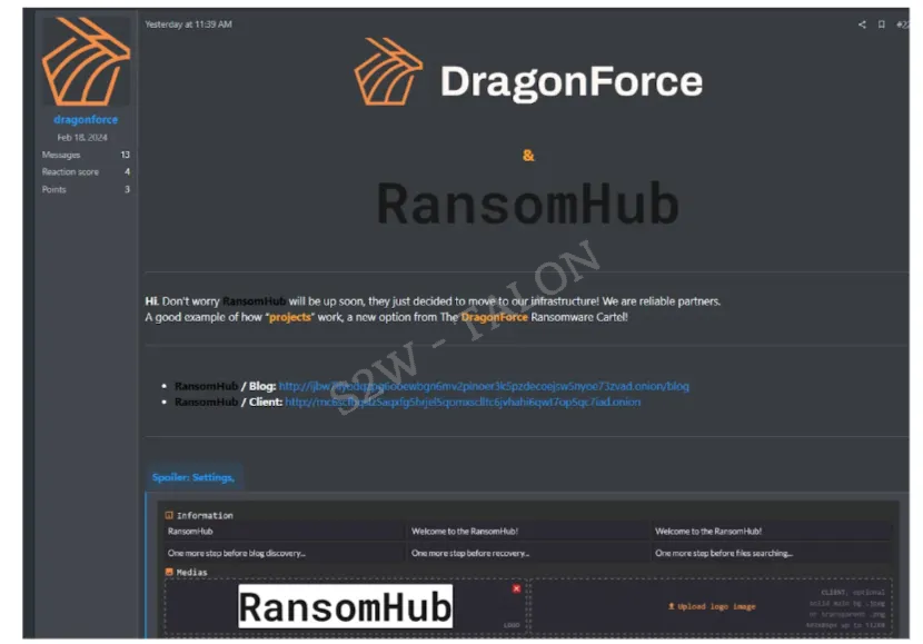 Ανάρτηση που ανακοινώνει τη μετεγκατάσταση της υποδομής RansomHub στο DragonForce (Πηγή - Μέσο)